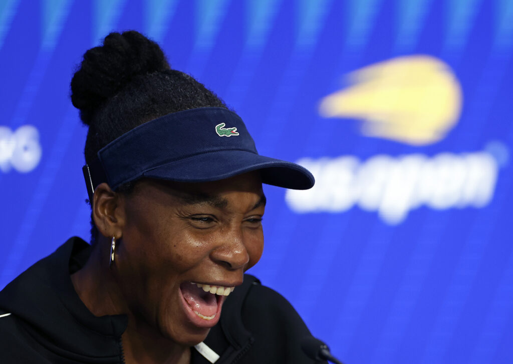 Venus Williams of the United States speaks to the press following her Women's Doubles Quarterfinal match with Leylah Fernandez of Canada (not pictured) against Katerina Siniakova of Czechia and Taylor Townsend of the United States on Day Ten of the 2025 US Open at USTA Billie Jean King National Tennis Center on September 2, 2025 in the Flushing neighborhood of the Queens borough of New York City.