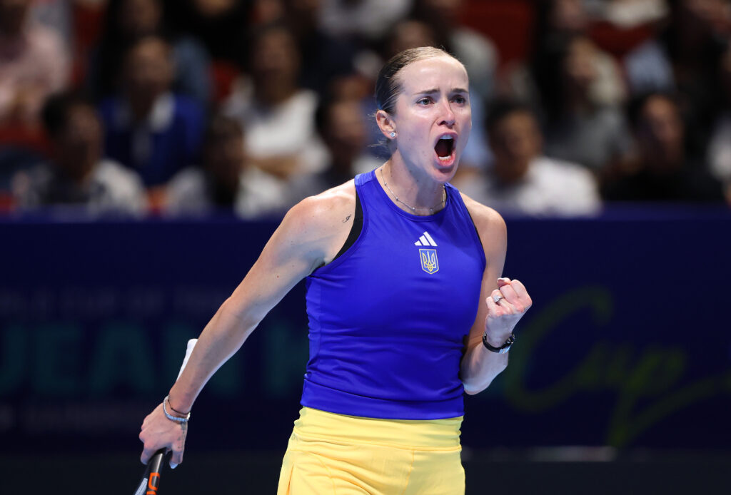 Elina Svitolina of Ukraine celebrates after scoring a point during match 2 against Jasmine Paolini of Italy in the Billie Jean King Cup by Gainbridge Finals 2025, Semi-Final match between Italy and Ukraine at Shenzhen Bay Sports Centre Arena on September 19, 2025 in Shenzhen, China.