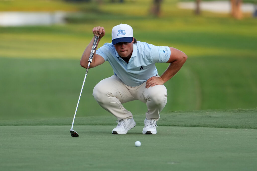 Amateur Michael La Sasso of the United States lines up a putt on the ninth green during the first round of the Sanderson Farms Championship 2025 at The Country Club of Jackson on October 02, 2025 in Jackson, Mississippi.