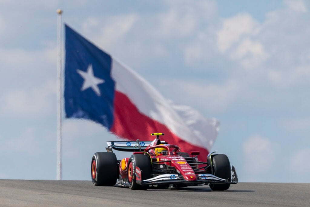Ferrari driver Lewis Hamilton racing at the 2025 United States Grand Prix