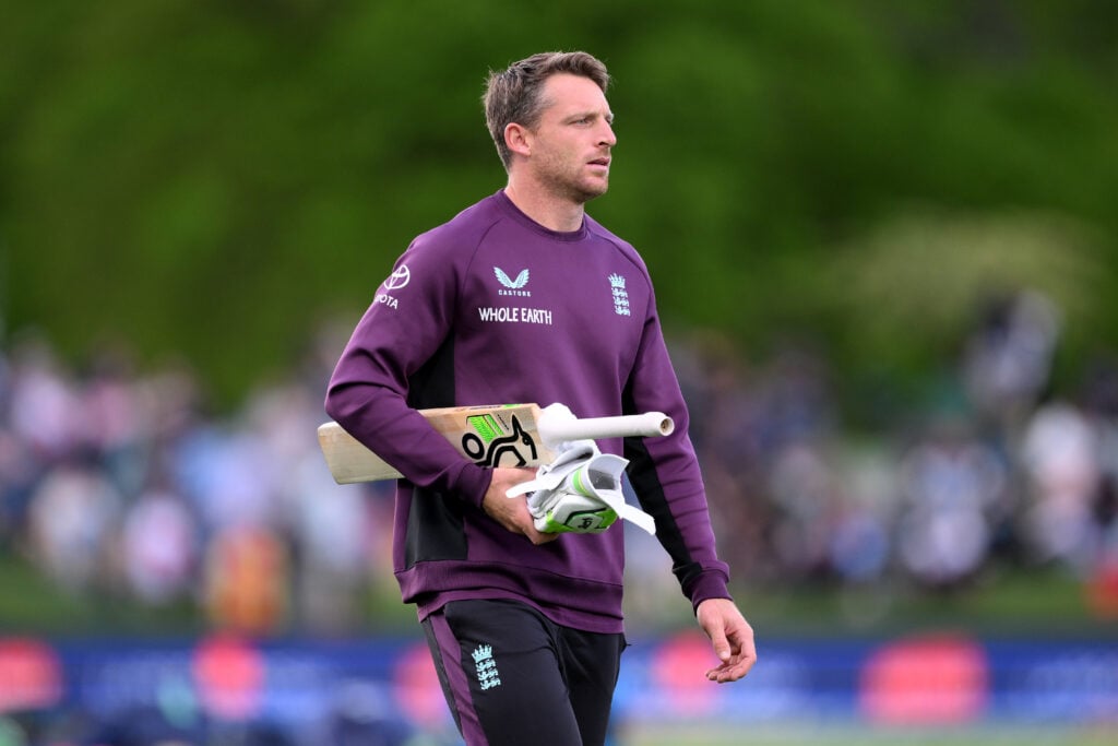 Jos Buttler of England looks on ahead of the first T20 International match in the series between New Zealand and England at Hagley Oval on October 18, 2025 in Christchurch, New Zealand.
