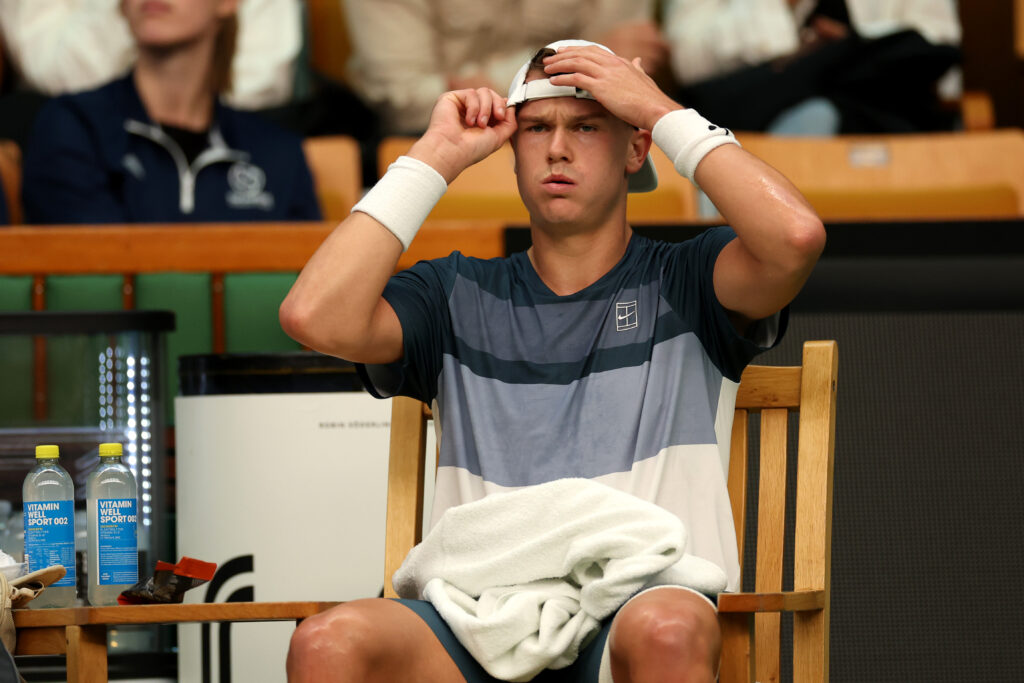 Holger Rune during a changeover in his semifinal match against Ugo Humbert at the 2025 Stockholm Open.