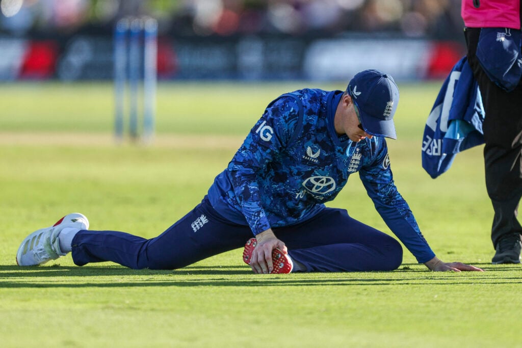 England's Harry Brook reacts during the first one-day international (ODI) cricket match between New Zealand and England at Bay Oval in Tauranga.