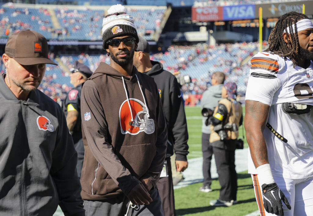 Cleveland Browns quarterback Shedeur Sanders before the game. The New England Patriots played the Cleveland Browns at Gillette Stadium on October 26, 2025.
