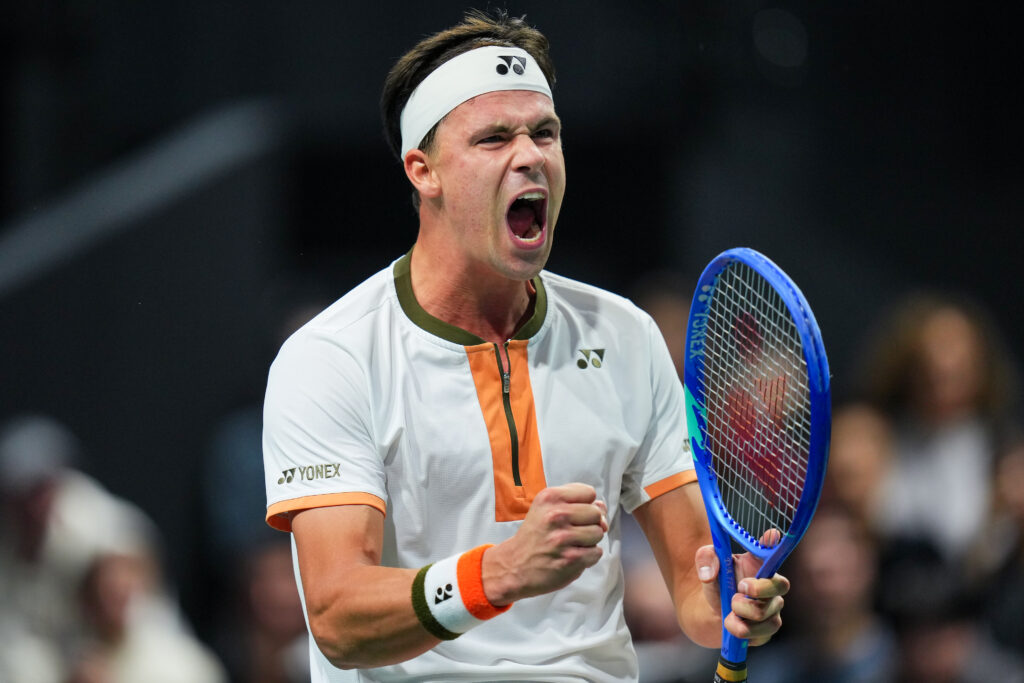 Daniel Altmaier of Germany celebrates his match victory against Marcos Giron of USA during day one of the Rolex Paris Masters 2025 on October 27, 2025 in Nanterre, France.