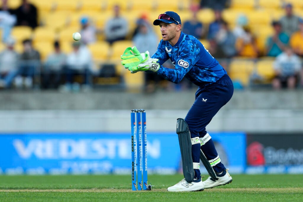 Jos Buttler of England fields the ball during game three in the One Day International series between New Zealand and England.