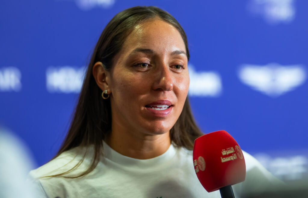 Jessica Pegula speaks to the media during the 2025 WTA Finals