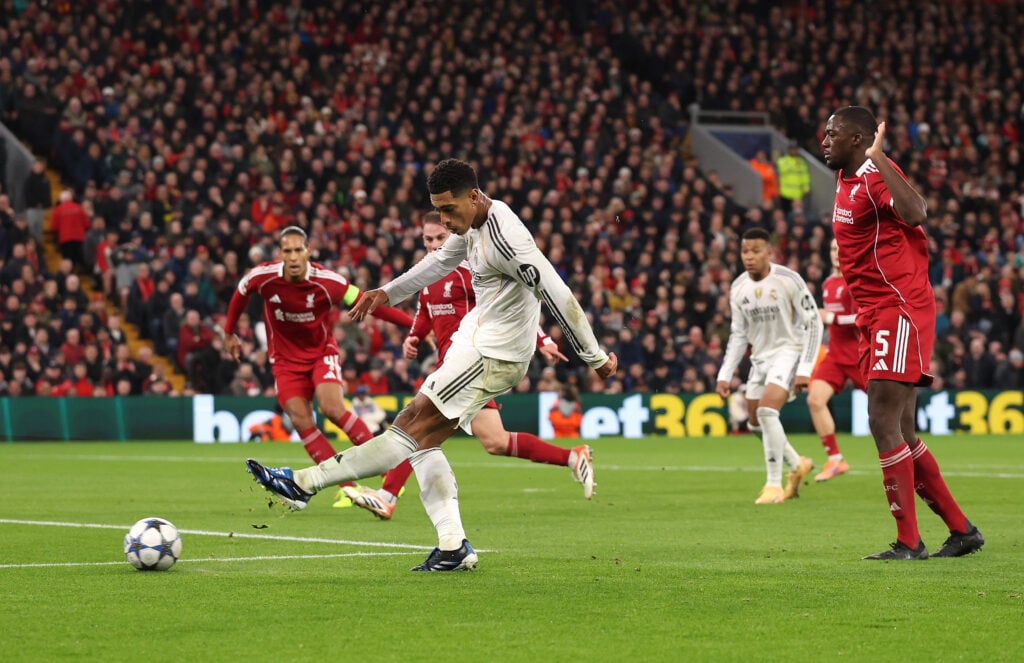 Jude Bellingham of Real Madrid shoots during the UEFA Champions League 2025/26 League Phase MD4 match between Liverpool FC and Real Madrid C.F.