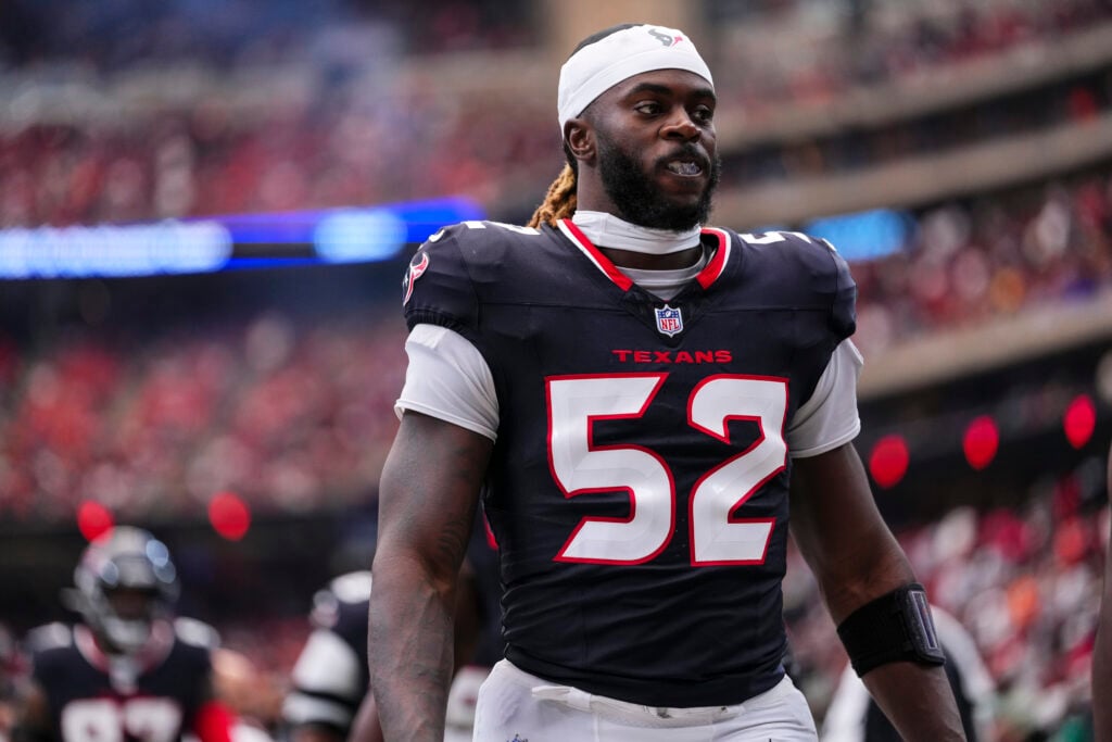 Darrell Taylor #52 of the Houston Texans exits the field during an NFL football game against the Denver Broncos at NRG Stadium.