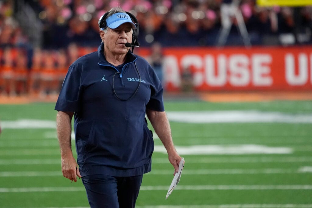North Carolina Tar Heels Head Coach Bill Belichick looks on from the sidelines.