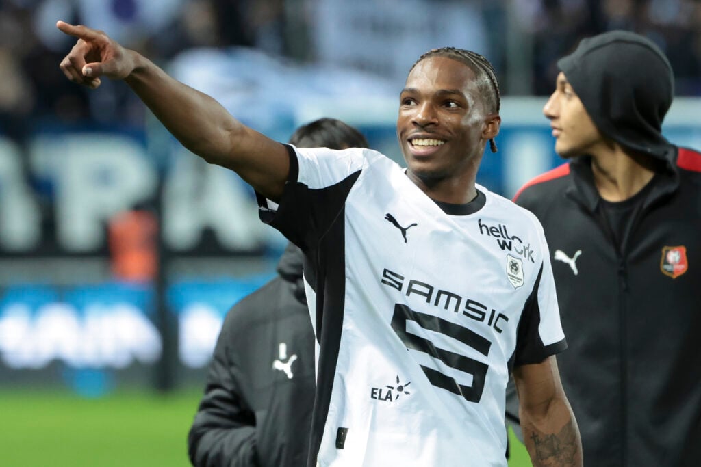 Jeremy Jacquet of Rennes and teammates celebrate the victory following the Ligue 1 McDonald's football match between Paris FC and Stade Rennais FC (Rennes) at Stade Jean Bouin.