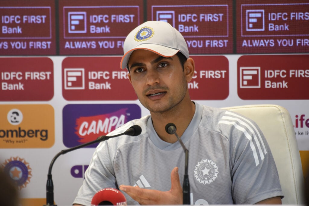 India cricket team captain Shubman Gill reacts at the media conference during a practice session ahead of the first test match between India and South Africa.