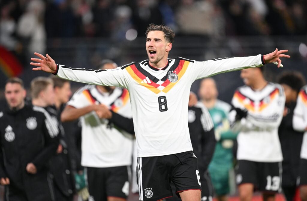 Leon Goretzka of Germany celebrates after the FIFA World Cup 2026 qualifier match between Germany and Slovakia at Red Bull Arena on November 17, 2025 in Leipzig, Germany.