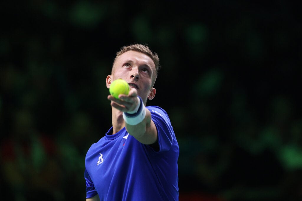 Jiri Lehecka hits a serve during the 2025 Davis Cup Finals
