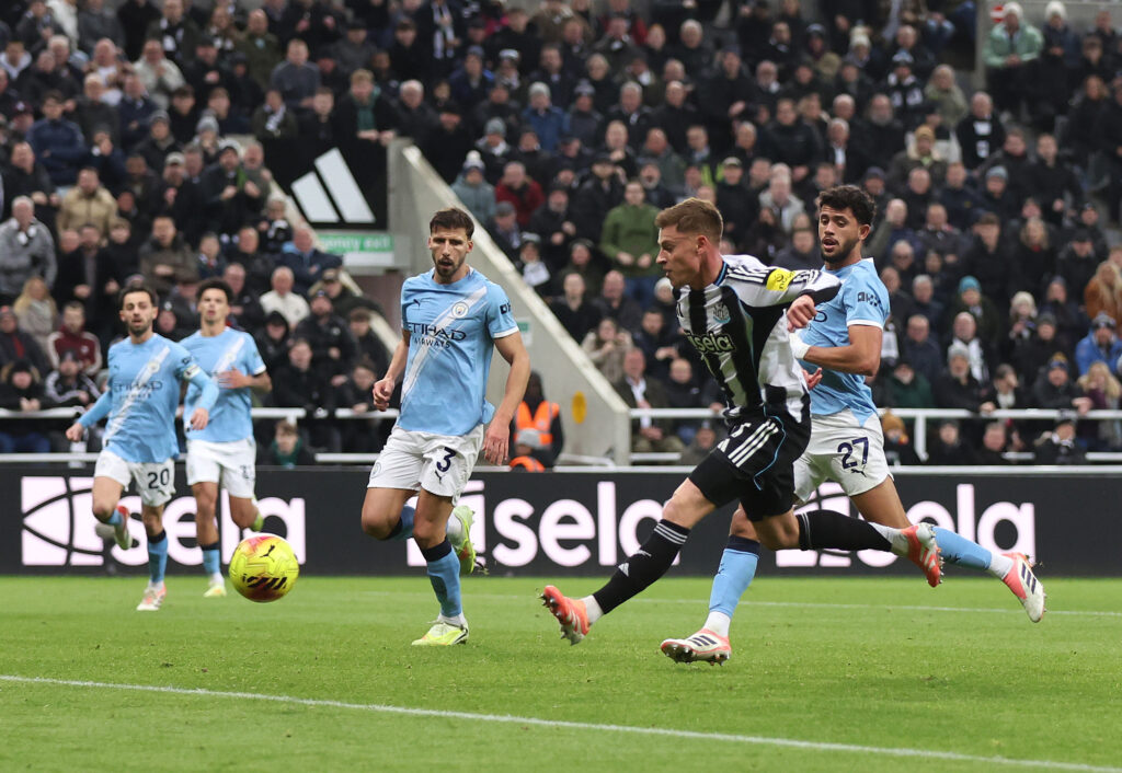 Harvey Barnes of Newcastle United misses a chance during the Premier League match between Newcastle United and Manchester City.