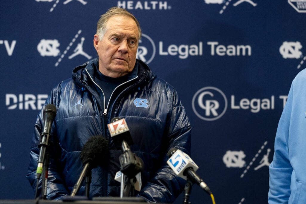 Head coach Bill Belichick of the North Carolina Tar Heels responds to questions during his press conference following their loss to the NC State Wolfpack at Carter-Finley Stadium.