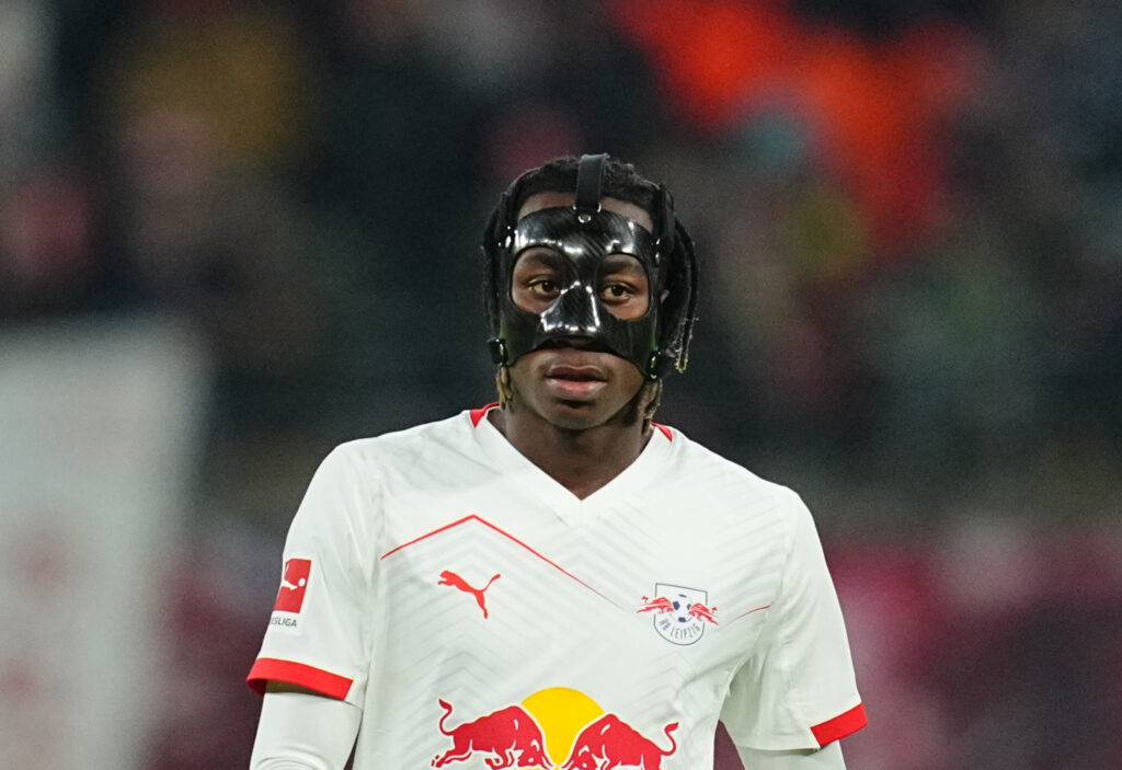 Yan Diomande (RB Leipzig) looks on during the 1. Bundesliga match between RB Leipzig and Eintracht Frankfurt at Red Bull Arena.