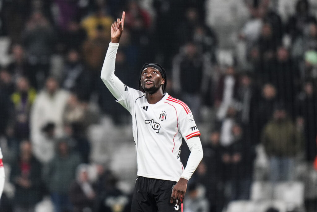 Tammy Abraham of Besiktas celebrates after scoring a goal during Turkish Super Lig week 15 football match between Besiktas and Gaziantep at Besiktas Stadium.