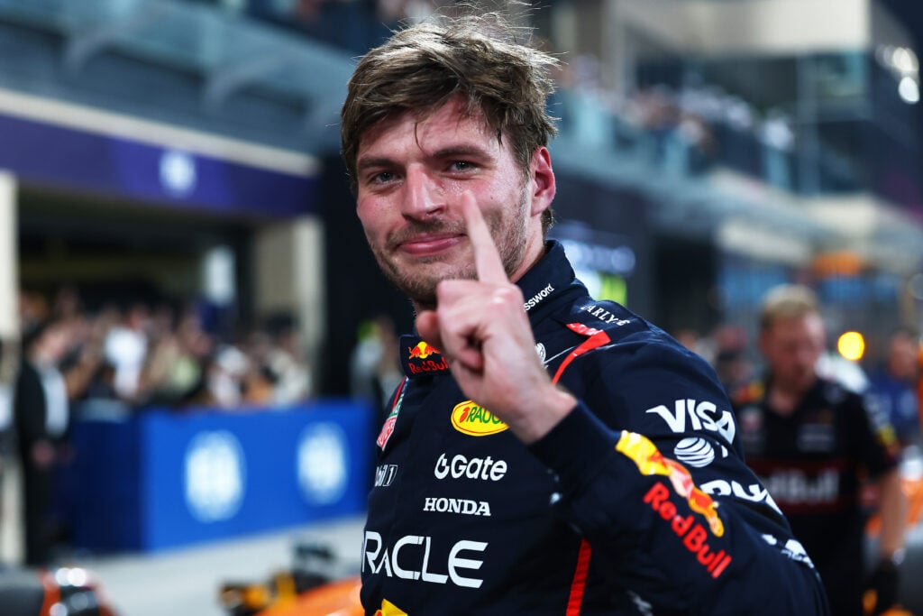 Pole position qualifier Max Verstappen of the Netherlands and Oracle Red Bull Racing celebrates in parc ferme during qualifying ahead of the F1 Grand Prix of Abu Dhabi at Yas Marina Circuit.