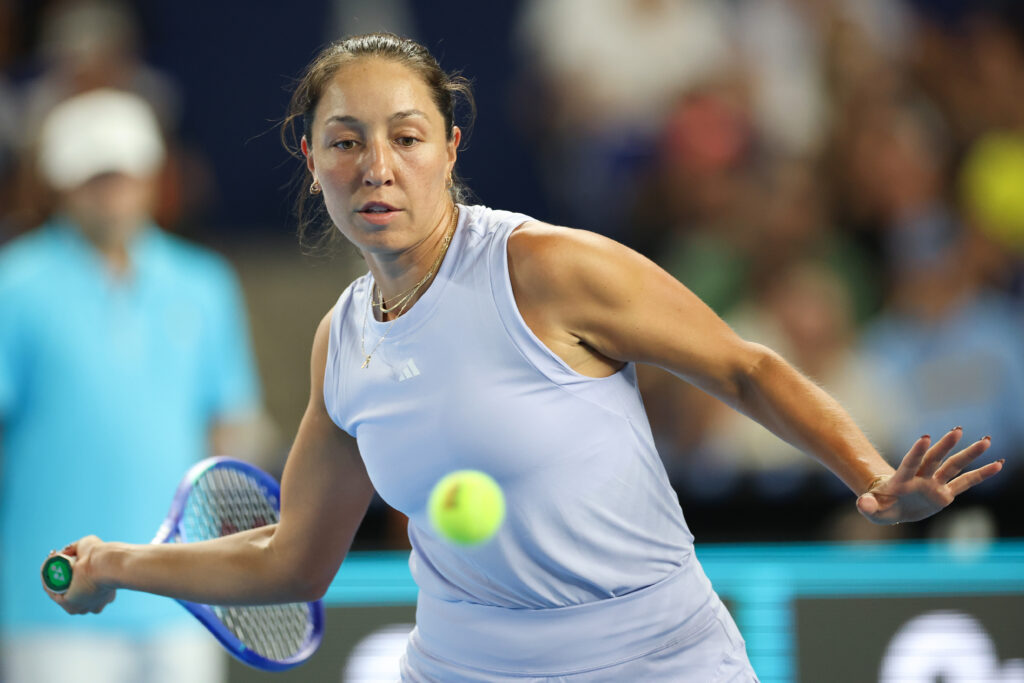 Jessica Pegula hits a forehand at the Miami Invitational 2025