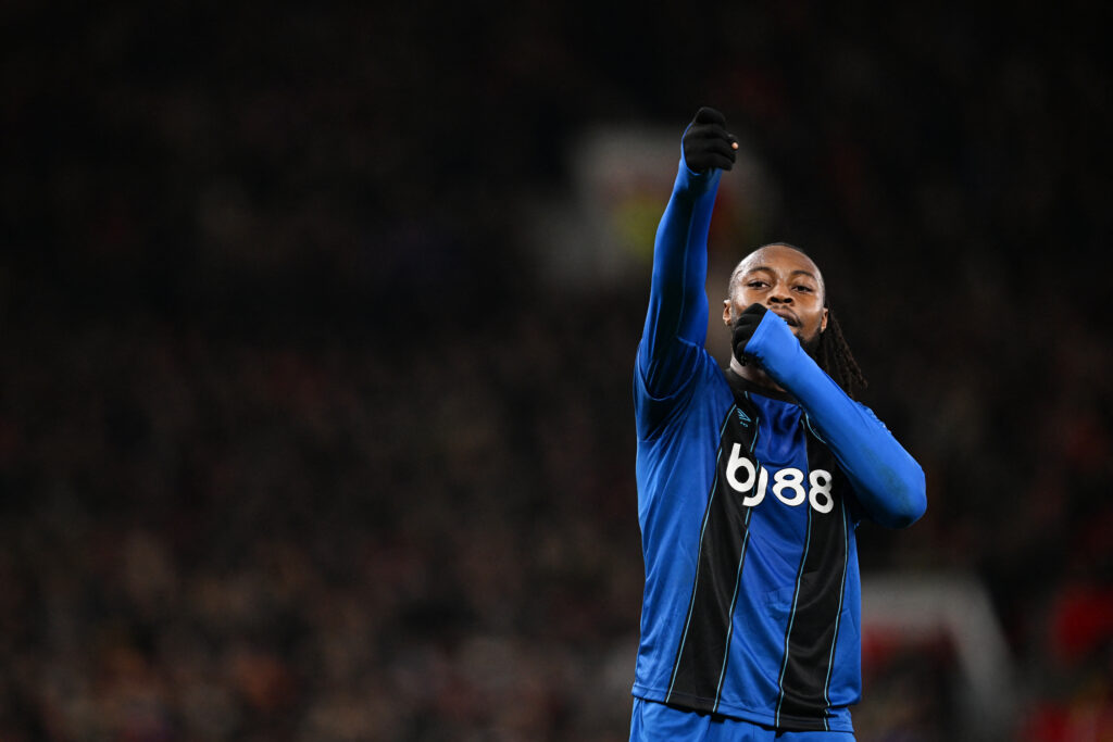 Bournemouth's Ghanaian striker #24 Antoine Semenyo celebrates scoring their first goal to equalise 1-1 during the English Premier League football match between Manchester United and Bournemouth at Old Trafford.