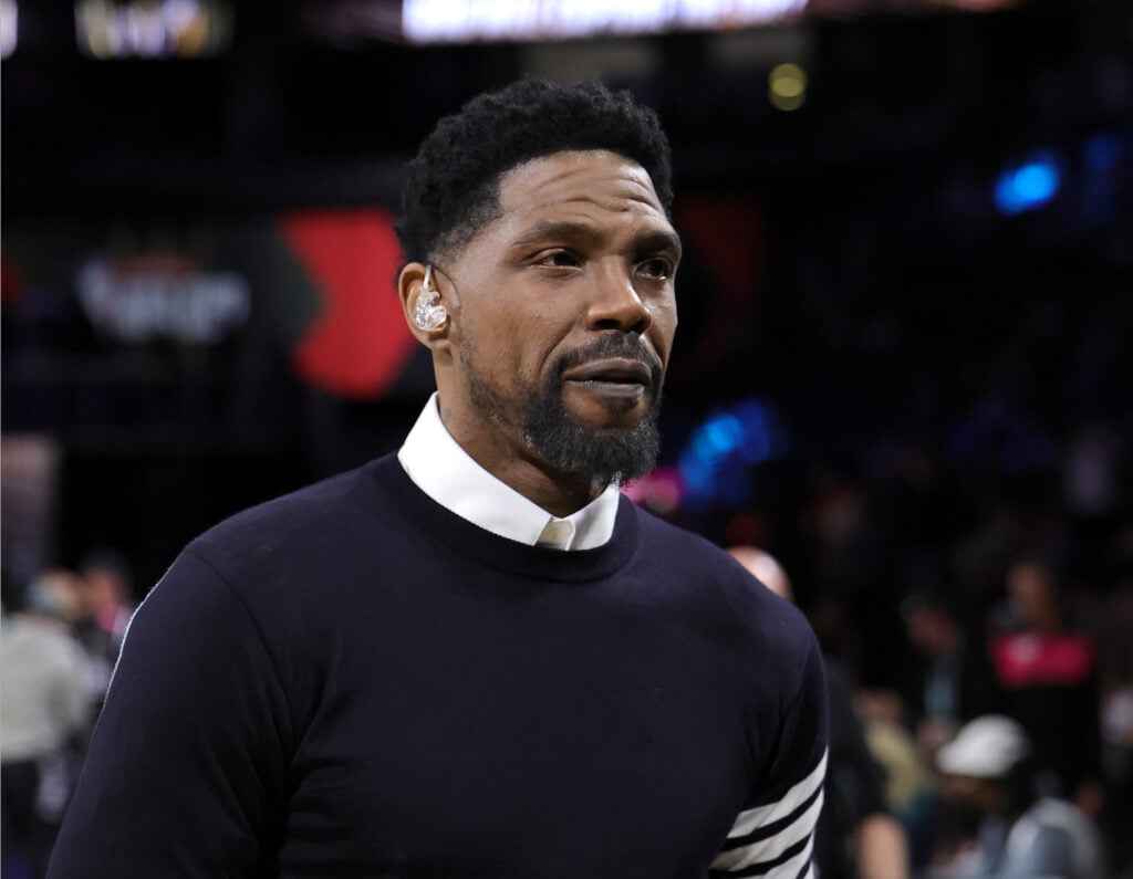 Udonis Haslem leaves the court after broadcasting before a semifinal game of the Emirates NBA Cup between the New York Knicks and the Orlando Magic at T-Mobile Arena.