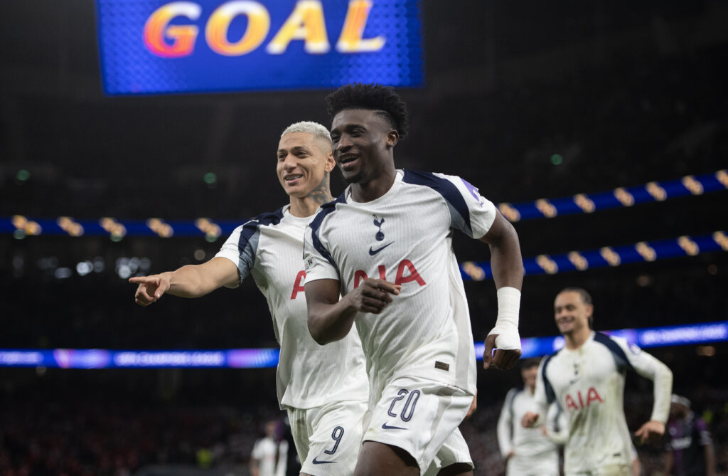 Mohammed Kudus of Tottenham Hotspur (right) celebrates scoring the second goal with Richarlison of Tottenham Hotspur during the UEFA Champions League 2025/26 League Phase MD6 match between Tottenham Hotspur and SK Slavia Praha at Tottenham Hotspur Stadium.
