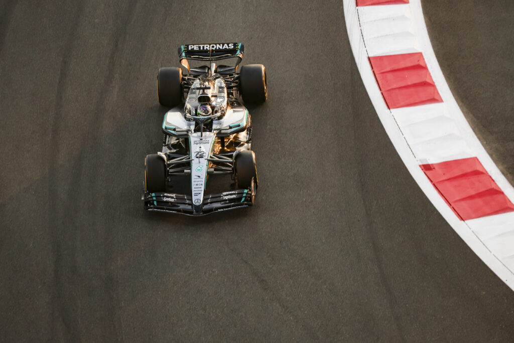 Frederik Vesti of Denmark driving the F1 race car No 72 the Mercedes W16 for the Mercedes AMG Petronas Formula One Team, on track during the post-season testing day after the 2025 Etihad Airways Abu Dhabi Grand Prix at Yas Marina Circuit.