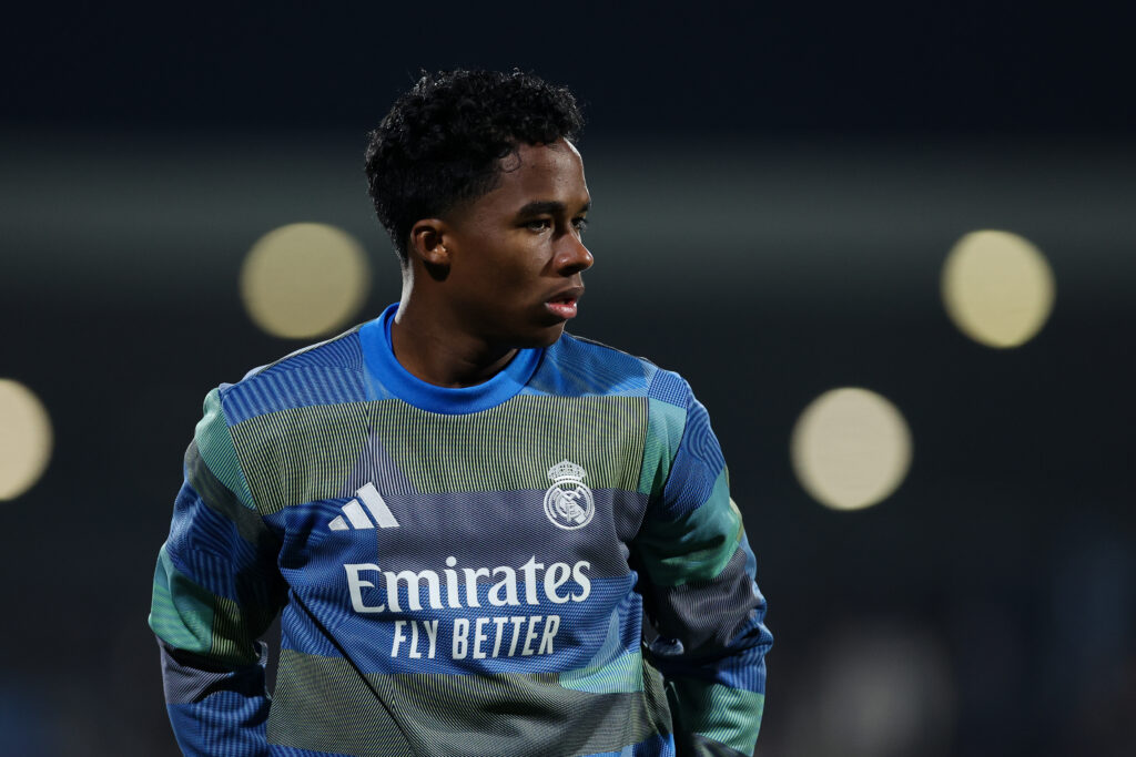 Endrick of Real Madrid looks on prior to the Copa del Rey match between CF Talavera and Real Madrid at Estadio El Prado.