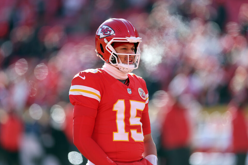 Patrick Mahomes #15 of the Kansas City Chiefs warms up prior to the game against the Los Angeles Chargers at Arrowhead Stadium.