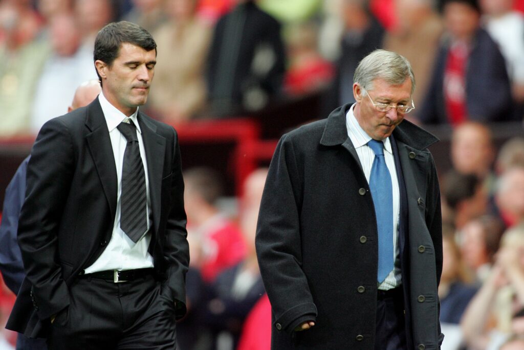 Alex Ferguson Manager of Manchester United and Roy Keane Manager of Sunderland leave the field at half time during the Premier League match between Manchester United and Sunderland at Old Trafford.