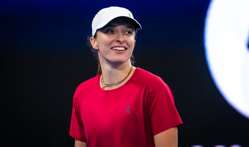 Iga Swiatek of Poland during doubles practice ahead of the United Cup at Ken Rosewall Arena on January 02, 2026 in Sydney, Australia