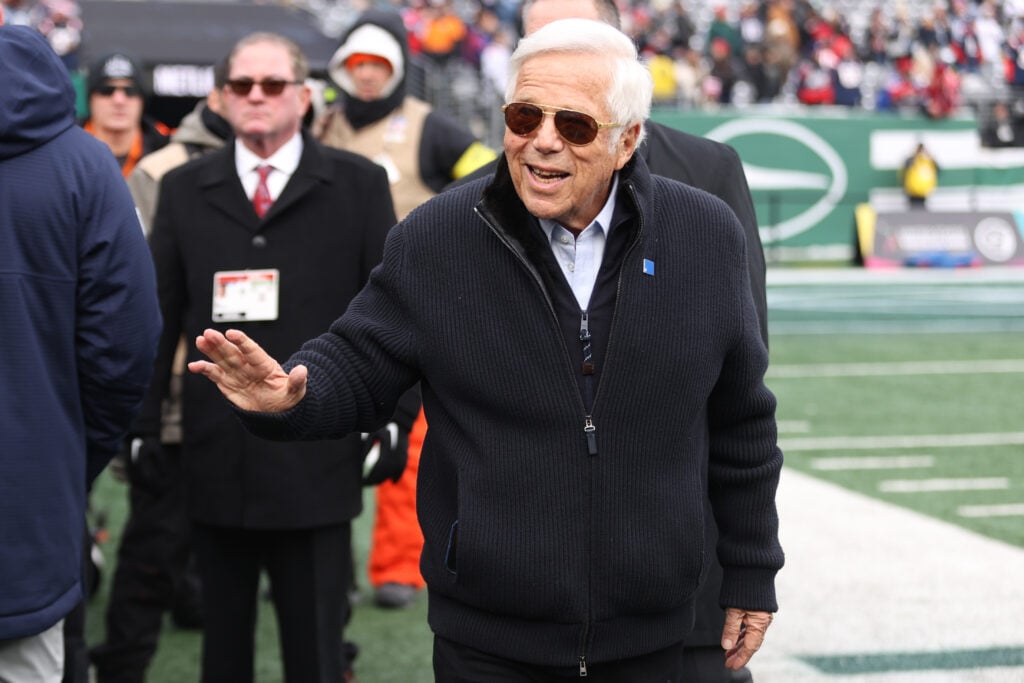 New England Patriots owner Robert Kraft looks on prior to a game against the New York Jets at MetLife Stadium.