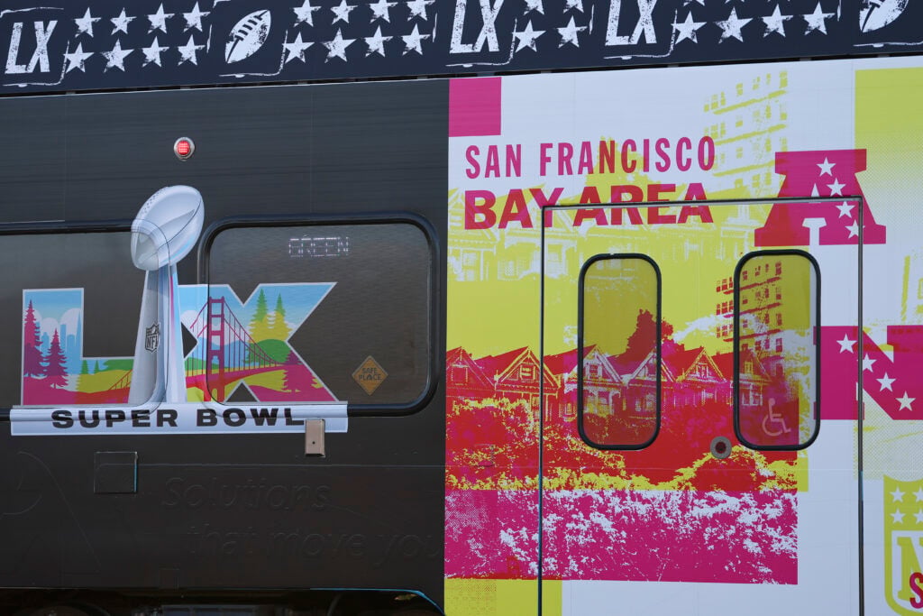 A detail view of the Super Bowl LX logo on a Santa Clara Valley Transportation Authority (VTA) light rail car.