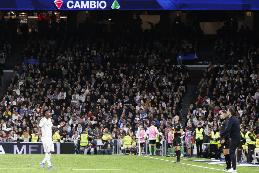 Head coach of Real Madrid Xabi Alonso and Vinicius Jr of Real Madrid talk.