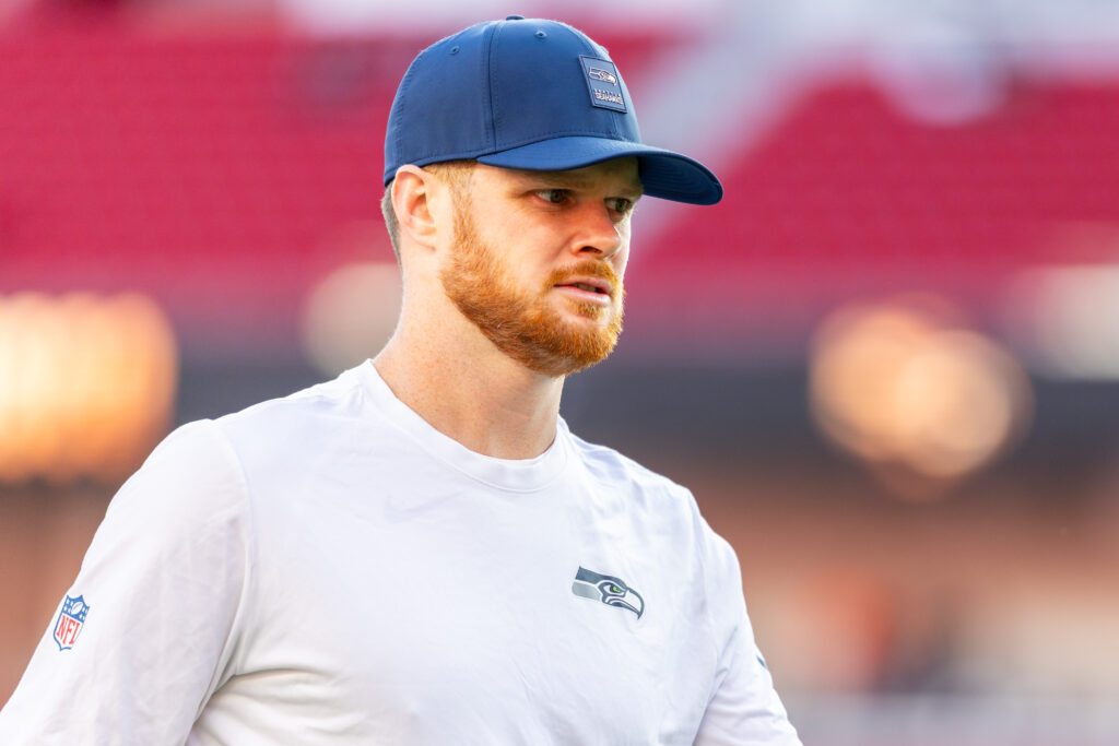 Sam Darnold #14 of the Seattle Seahawks warms up before an NFL game between the Seattle Seahawks and the San Francisco 49ers on January 3, 2026 at Levi's Stadium.