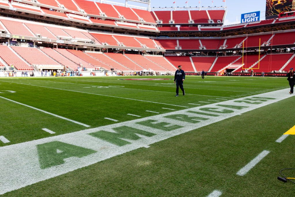 "America 250" is seen on the field before an NFL game between the Seattle Seahawks and the San Francisco 49ers on January 3, 2026 at Levi's Stadium.