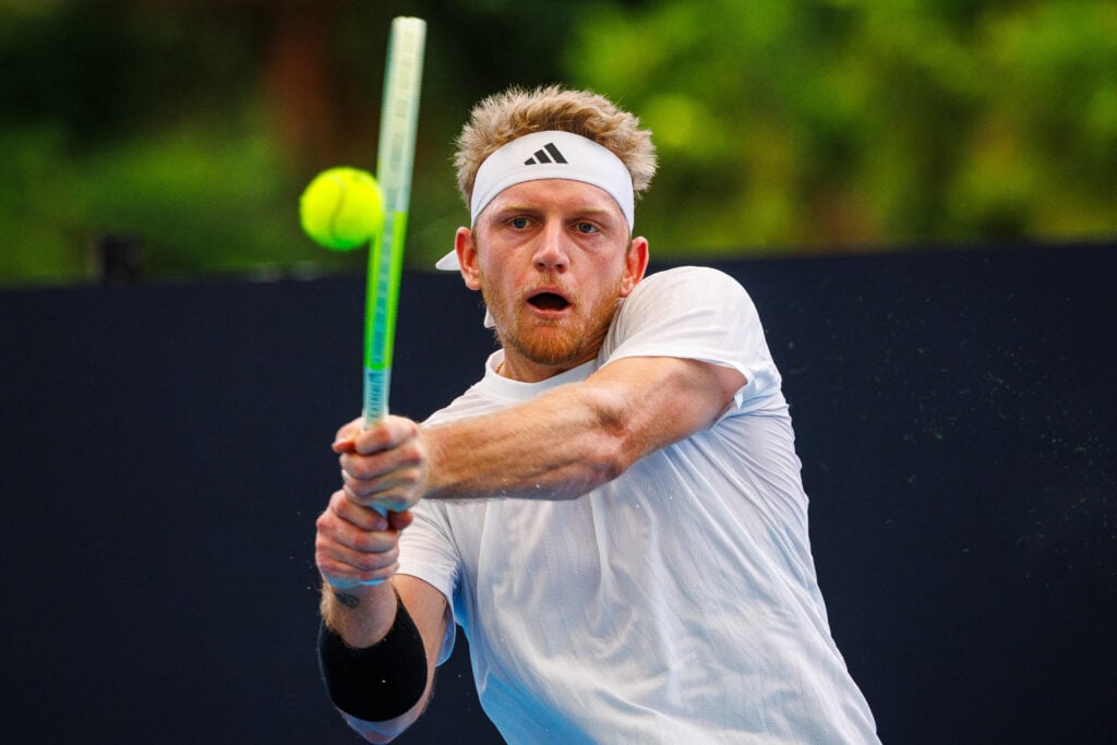 Alejandro Davidovich Fokina hits a backhand against Brandon Nakashima at the 2026 Brisbane International.