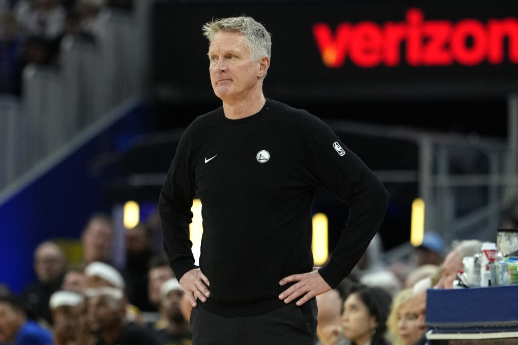 Head coach Steve Kerr of the Golden State Warriors looks on against the Utah Jazz in the second half of an NBA basketball game at Chase Center.