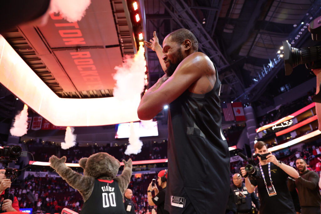 Kevin Durant #7 of the Houston Rockets reacts after defeating the Phoenix Suns at Toyota Center.