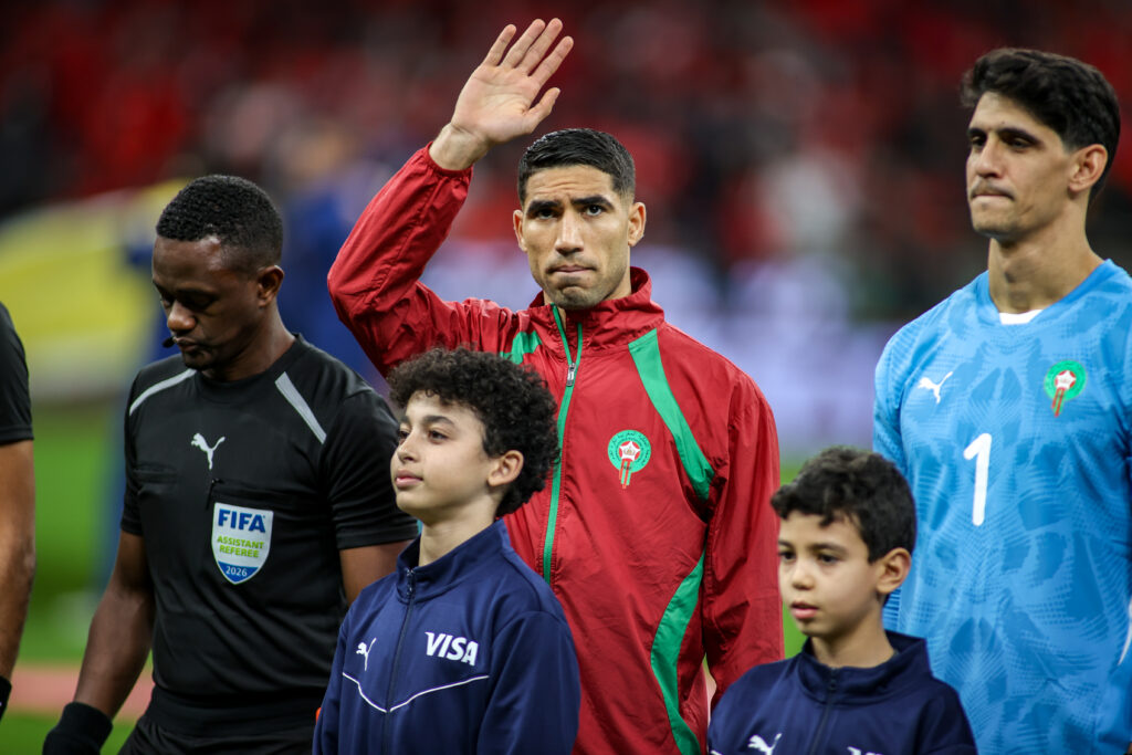 Morocco's Achraf Hakimi greets fans before the Africa Cup Of Nations Quarter-final match between Cameroon and Morocco.
