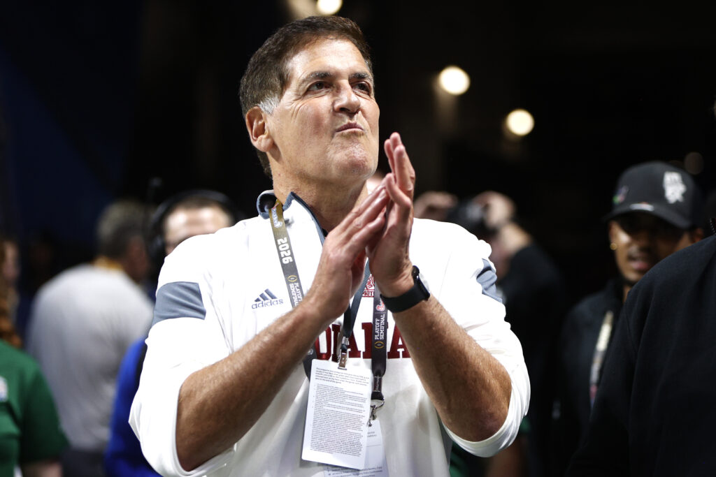 American Businessman Mark Cuban celebrates during the Indiana Hoosiers versus Oregon Ducks College Football Playoff Semifinal at the Chick-Fil-A Peach Bowl.