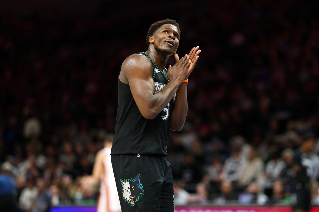 Anthony Edwards #5 of the Minnesota Timberwolves reacts against the Miami Heat in the second quarter at Target Center.