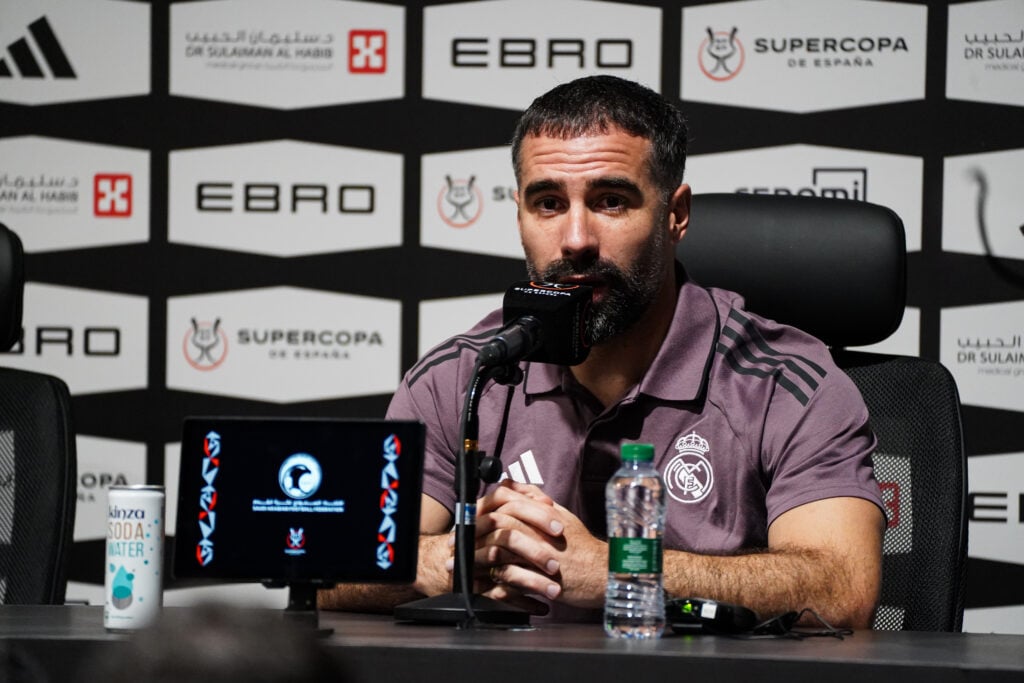 Real Madrid player Dani Carvajal speaks during a press conference ahead of the Spanish Super Cup final against Barcelona at King Abdullah Sports City Stadium.