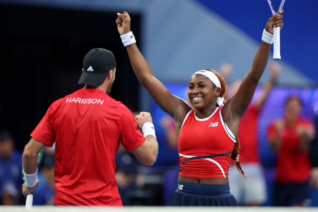 Coco Gauff and Christian Harrison celebrate after winning their match at the 2026 United Cup in Perth.