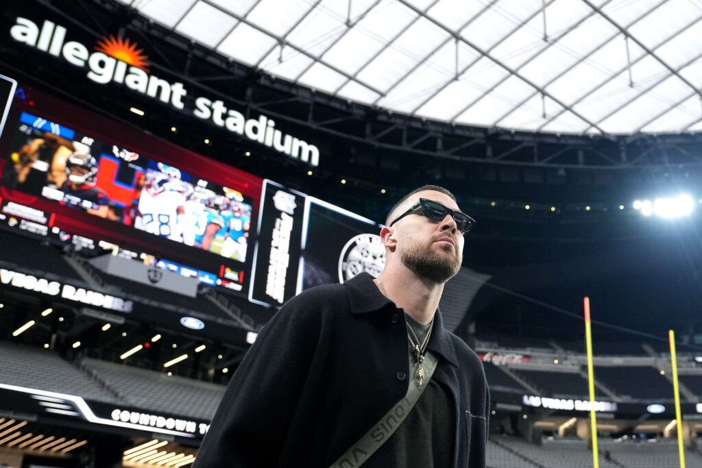 Travis Kelce #87 of the Kansas City Chiefs arrives before the game against the Las Vegas Raiders at Allegiant Stadium on January 04, 2026 in Las Vegas, Nevada.
