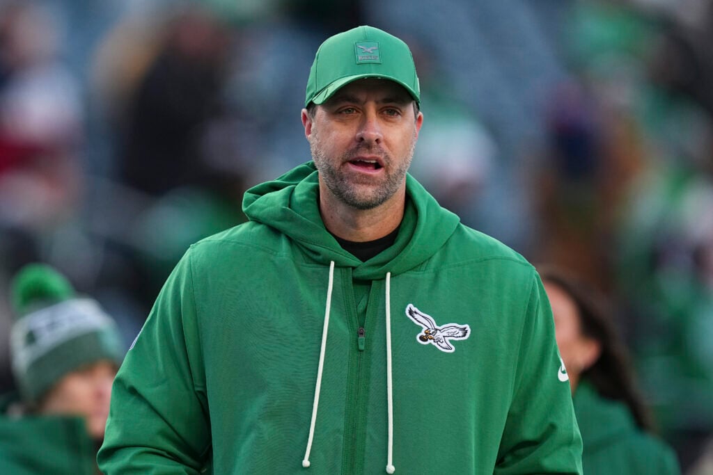 Offensive coordinator Kevin Patullo of the Philadelphia Eagles looks on prior to the game against the Washington Commanders at Lincoln Financial Field.
