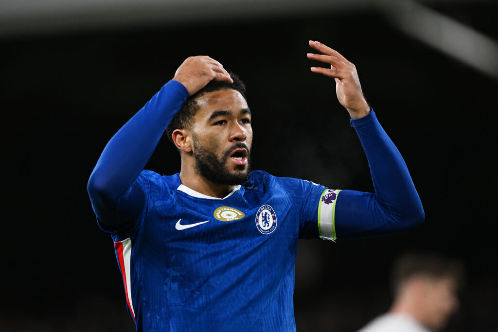 Reece James of Chelsea reacts during the Premier League match between Fulham and Chelsea at Craven Cottage