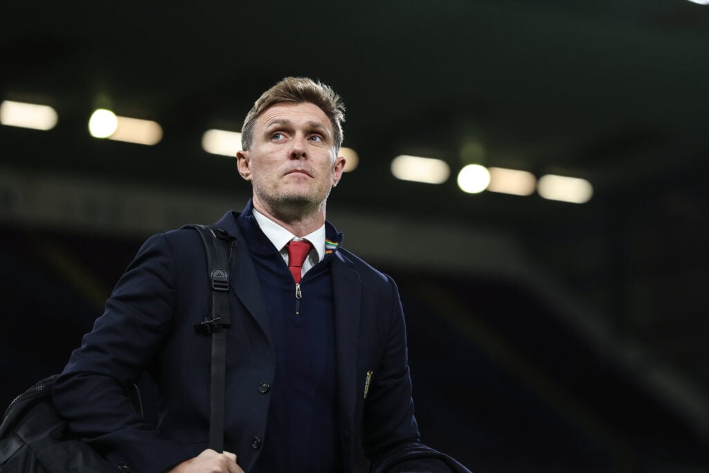 Darren Fletcher, Interim Manager of Manchester United, looks on as he arrives at the stadium prior to the Premier League match between Burnley and Manchester United at Turf Moor.