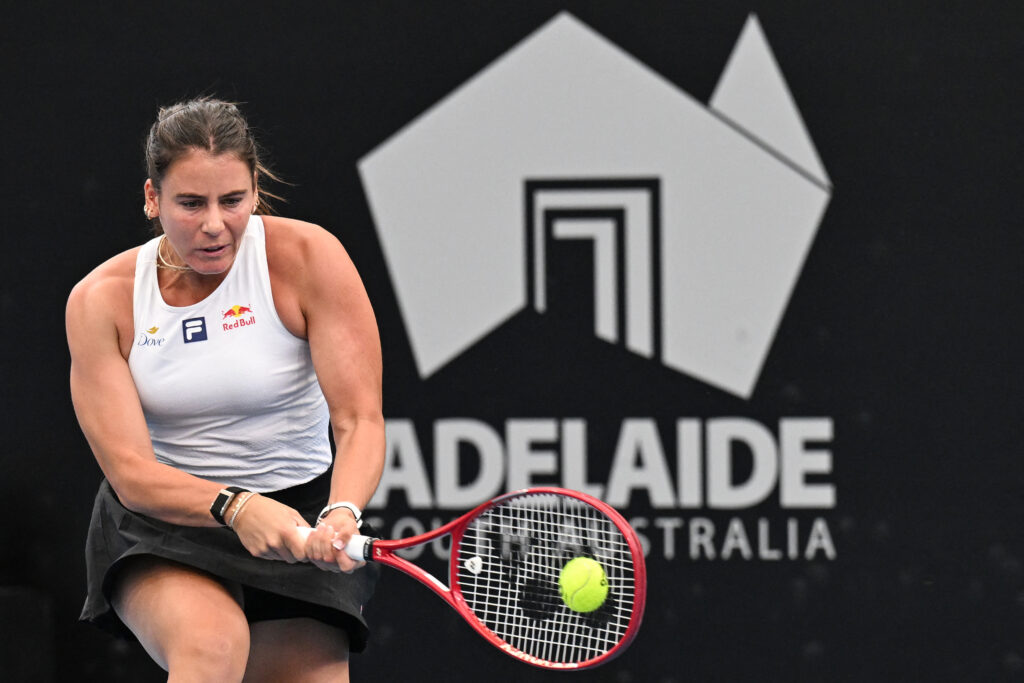 Emma Navarro hits a backhand at the 2026 Adelaide International